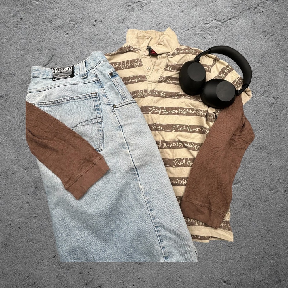 Tony Hawk Boys L Striped Layered Long Sleeve Polo Shirt Brown Tan Y2K Skater